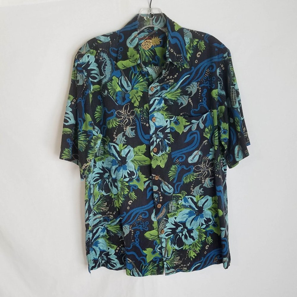 Caribbean Pineapple Silkl Button Front Floral Hawaiian Shirt Mens Small